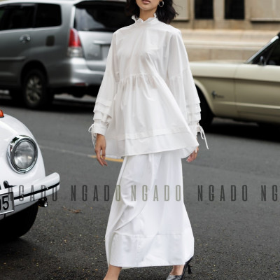 Áo babydoll trắng NGADO , Áo kiểu nữ , Áo tay phồng cột nơ