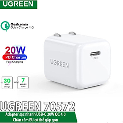 Củ sạc nhanh USB Type C 20W QC 4.0 Ugreen 70572 chân cắm US gấp gọn - Hàng chính hãng