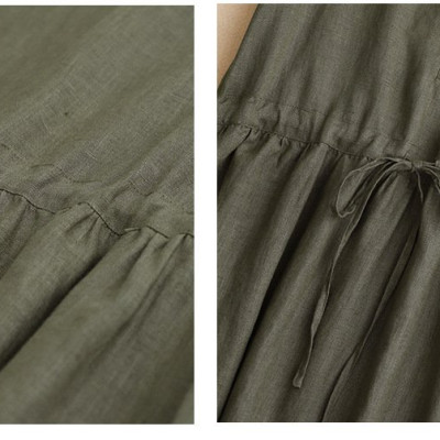 Đầm linen dáng suông cổ V cách điệu, có dây rút bo eo thời trang trẻ trung màu Xanh Rêu D218