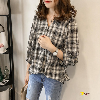 Áo kiểu nữ,áo đũi nữ dài tay thiết kế kẻ caro ALE14