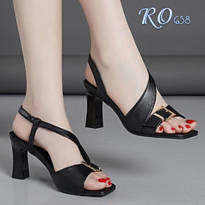 Sandal nữ quai chéo, da lì ROSATA RO658 cao 7p - Đen, Xanh - HÀNG VIỆT NAM - BKSTORE