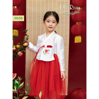 Đầm công chúa hanbok hoa cho bé gái màu đỏ diện tết đẹp size 12-40kg hàng Thiết kế