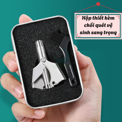 Dụng cụ cắt tỉa lông mũi bằng thép không gỉ kèm hộp đựng và chổi vệ sinh-Kéo tỉa lông mũi cơ học mini- Dụng cụ tỉa lông mũi không cần pin- Dụng cụ cắt lông mũi inox tiện lợi